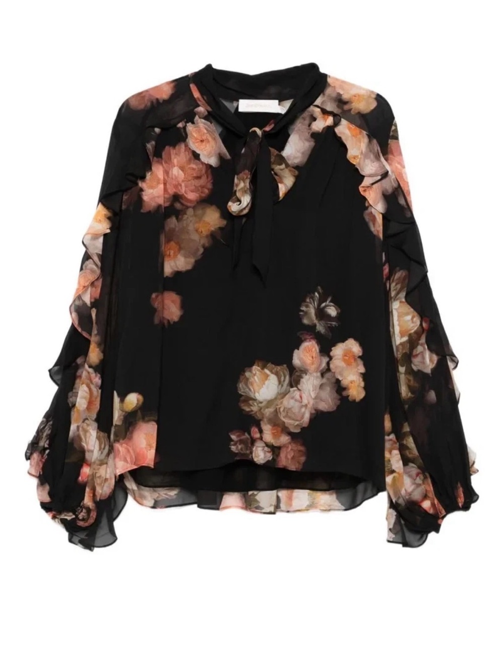 Zimmermann Hypnotic Floral Print Ruffle Georgette Top